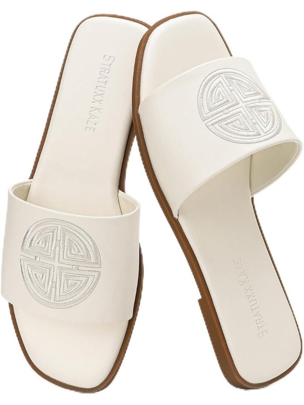Women's White Soft Faux Leather Slides Flat With Memory Foam Comfortable Shoes